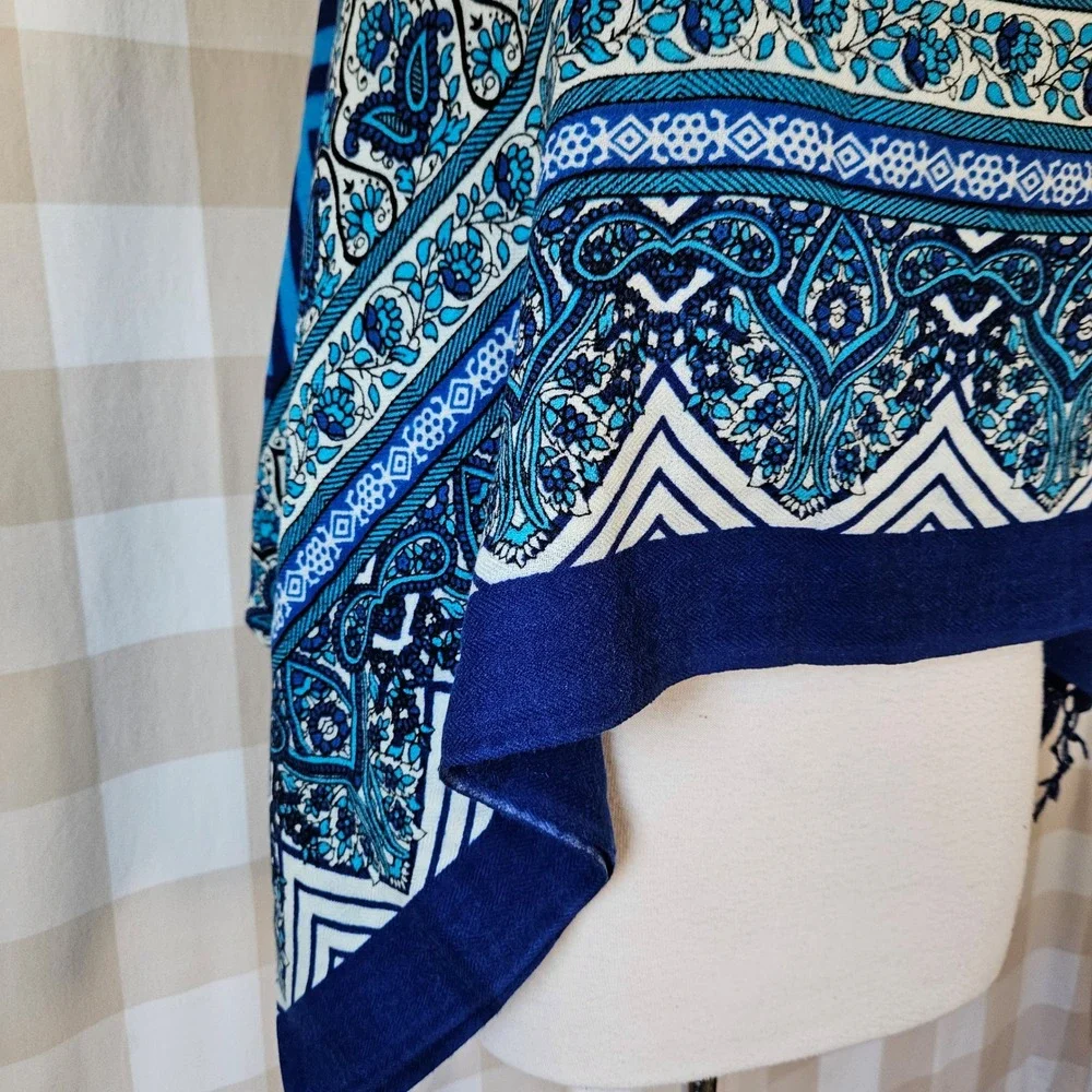 Dana Xu Blue White 100% Wool Pashmina Paisley Chevron Fringe Shawl‎ Scarf NEW